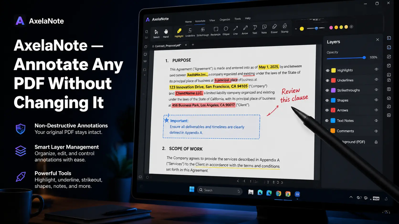 AxelaNote PDF annotation overlay showing layered notes on a locked document on a Windows desktop screen