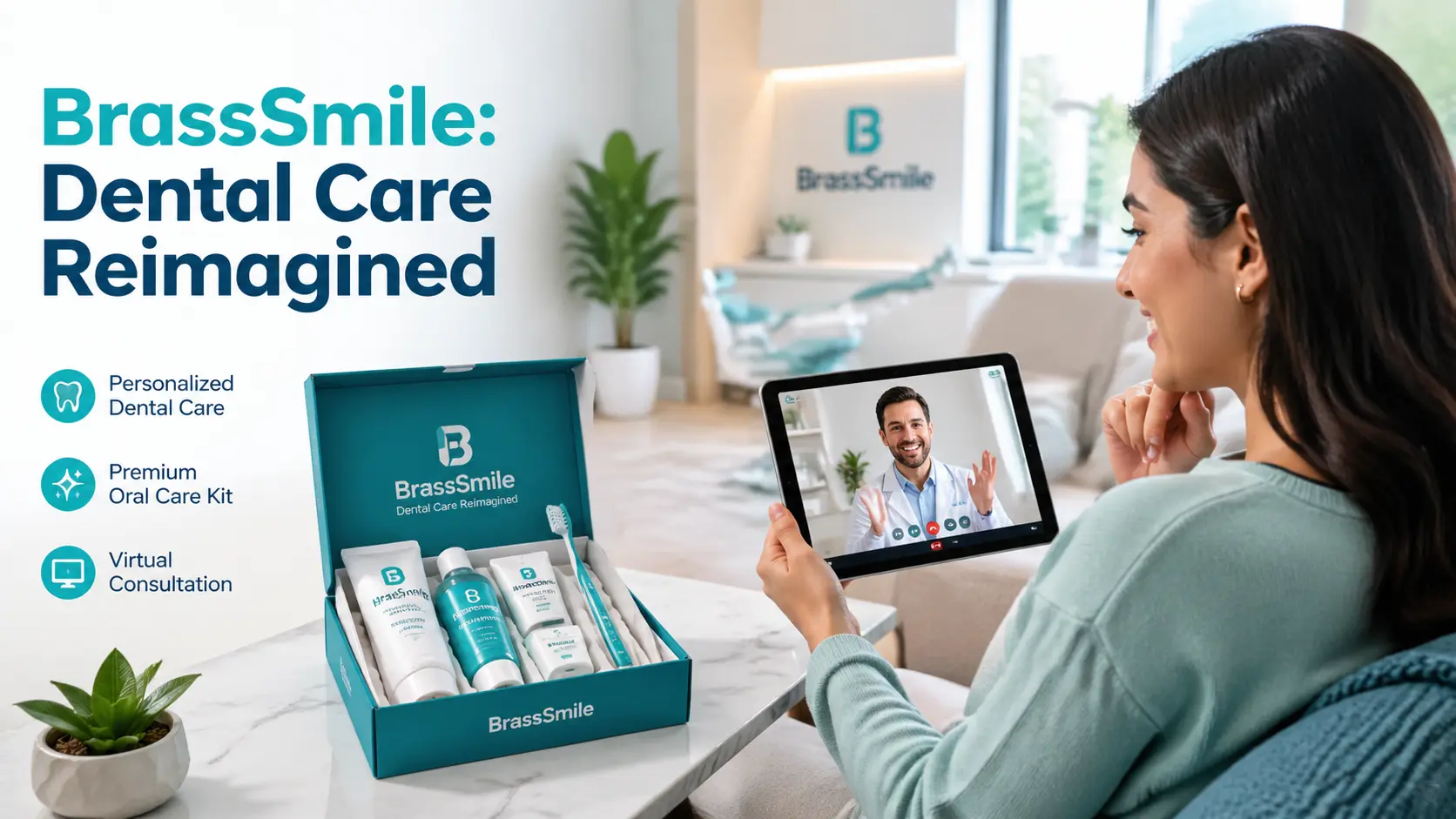 BrassSmile dental care platform showing virtual consultation and personalized oral health kit for patients across America