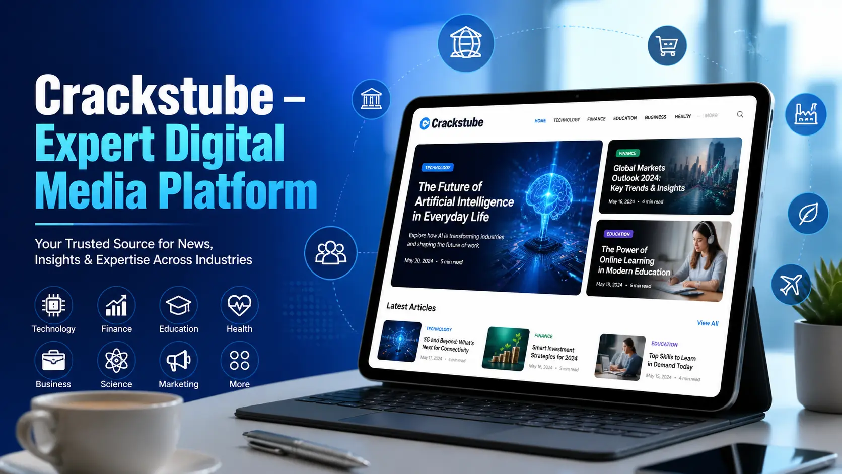 Crackstube digital media publishing platform featuring expert content across technology finance business and education categories