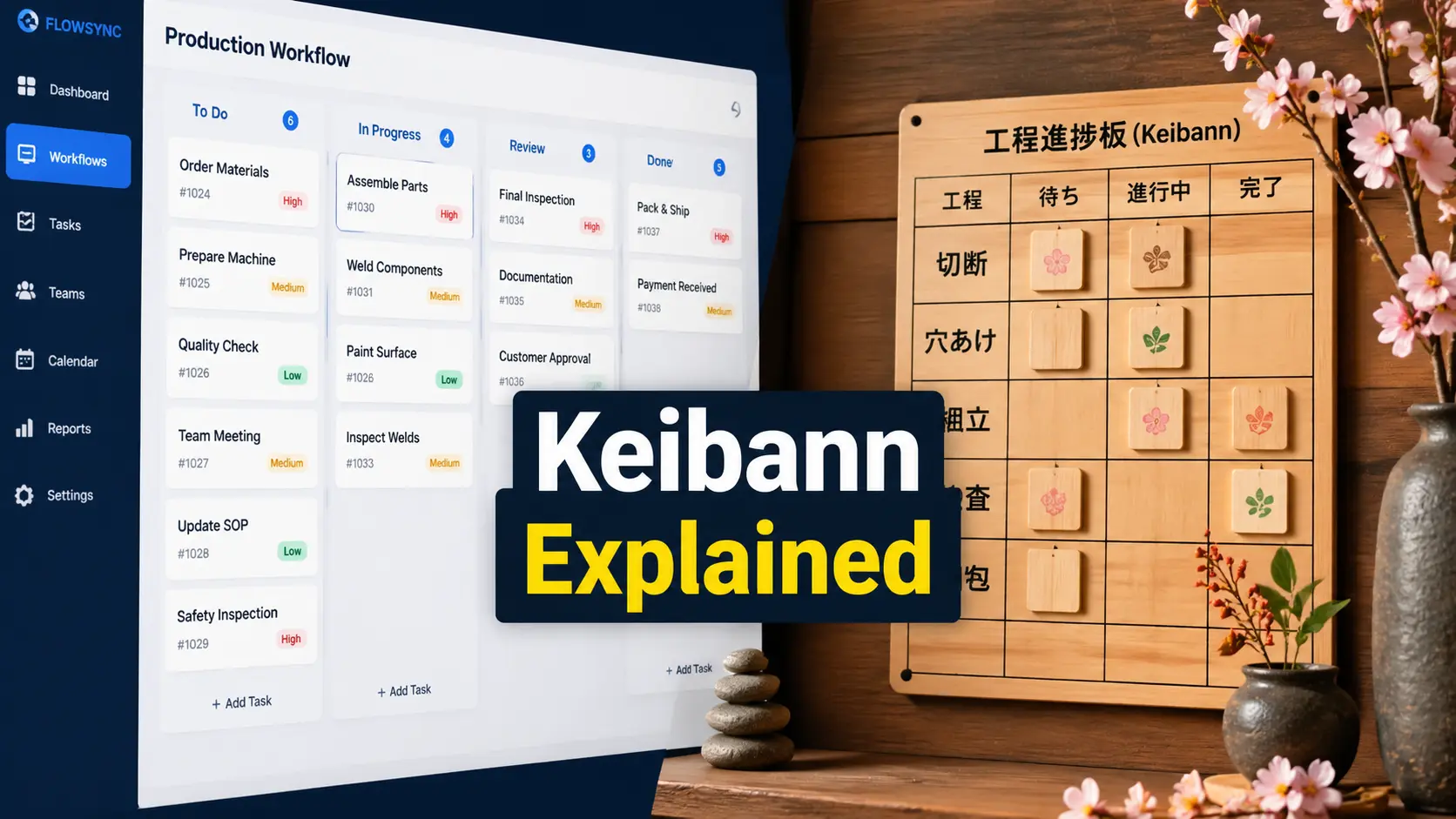 Keibann visual workflow board with organized tasks and Japanese cultural design elements,