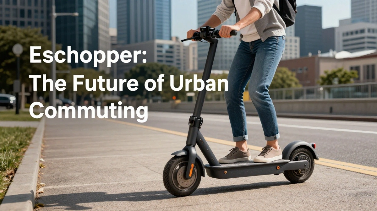 Eschopper electric scooter riding through a modern city street in the United States, showcasing sustainable urban mobility
